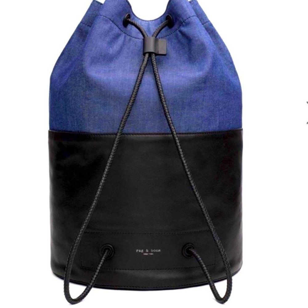 Rag & Bone Walker Cinched Drawstring Leather & Denim Backpack Bag